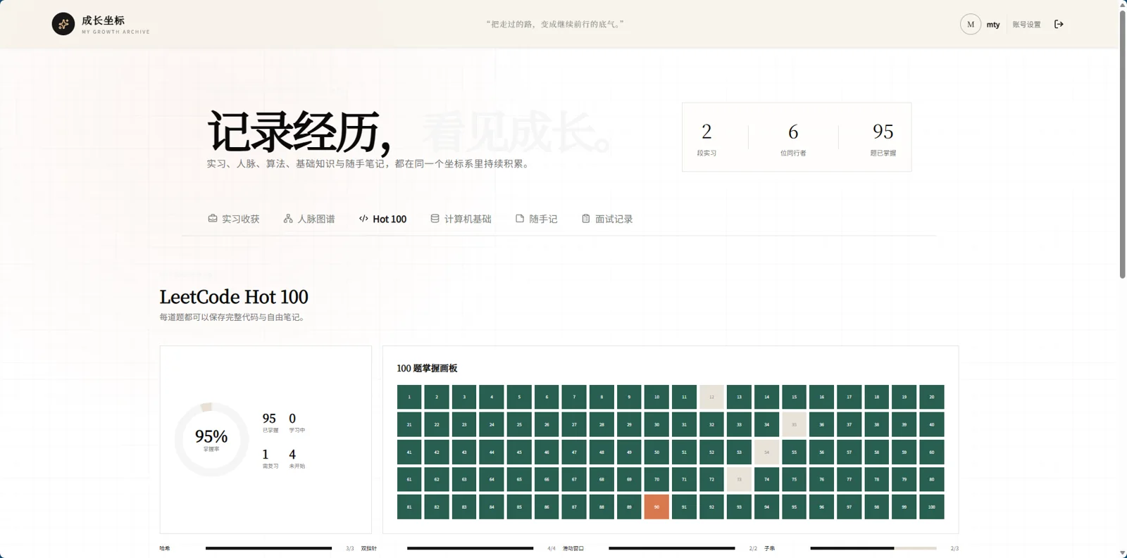 成长坐标网站首页，展示实习记录与 LeetCode Hot 100 学习进度